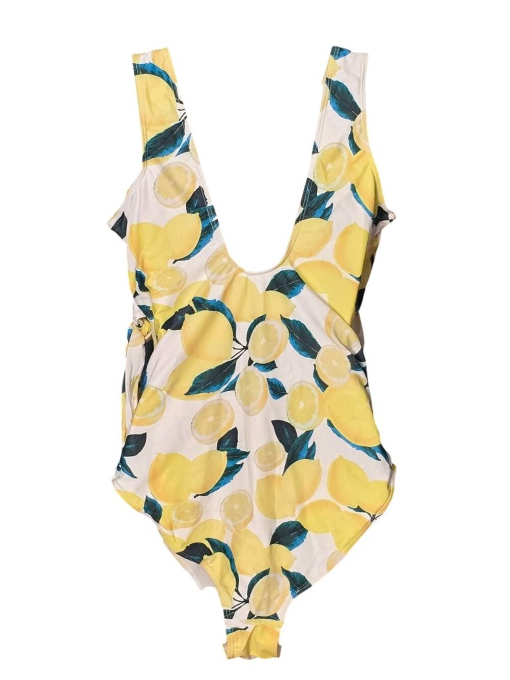 Lemon Print One‑Piece Swimsuit LG Wrap Tie V Neck Ruched Sides Lined - Picture 6 of 9